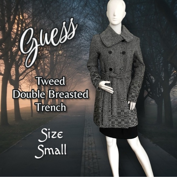 Guess LA VTG Black/White Lined Tweed Belted Winter Trench Coat Size Small - Picture 1 of 16
